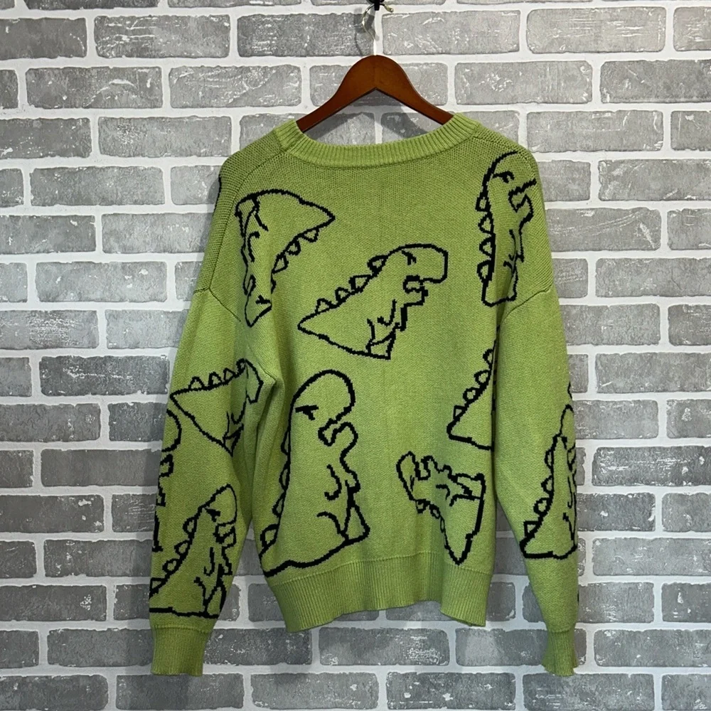 Aelfric Eden Dinosaur Sweater Green Oversized Graphic Knit Y2K Streetwear Sz M/L